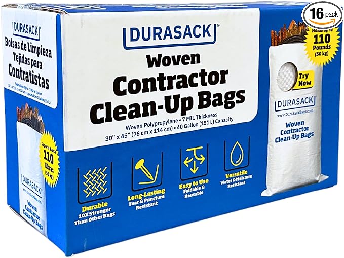 DURASACK Contractor Bags Heavy Duty 40-Gallon Reusable White Woven Polypropylene Contractor Garbage Bags, Pack of 16