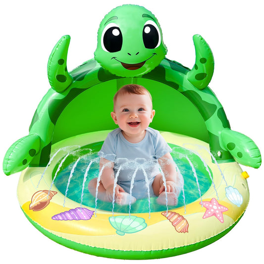 Baby Pool Toddler Sprinkler Water Play Mat, Turtle Baby Pool Float Sprinkler for Kids- Inflatable Kiddie Pool with Canopy Outdoor Water Toys for Summer Play Center Backyard Water Activity Games