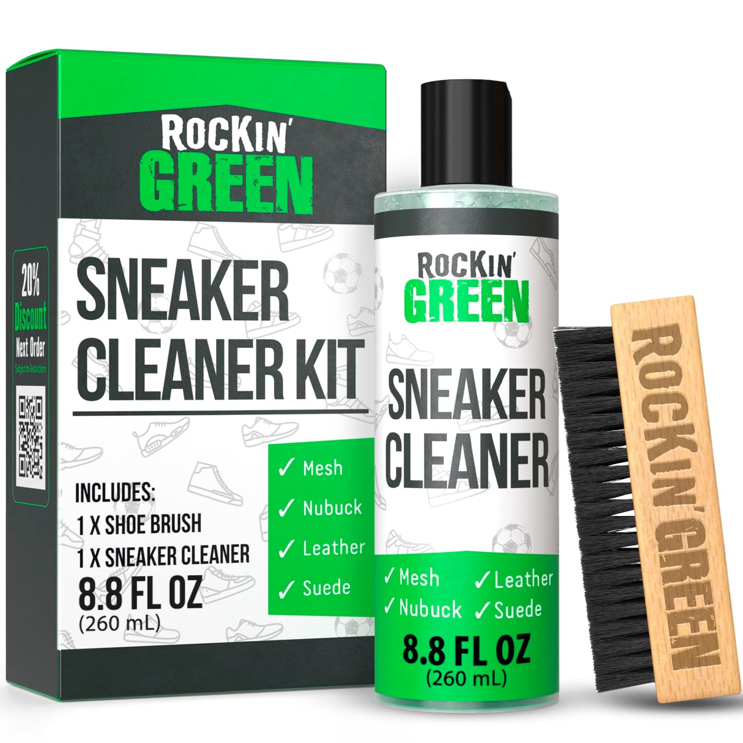 Rockin'Green Shoe Cleaning Kit - Shoe Cleaner Sneakers Solution with Brush Included - Sneaker Cleaner Kit Safe for Mesh, Nubuck, Leather, Suede - Deep Refresh Care Kit (8.8fl oz)