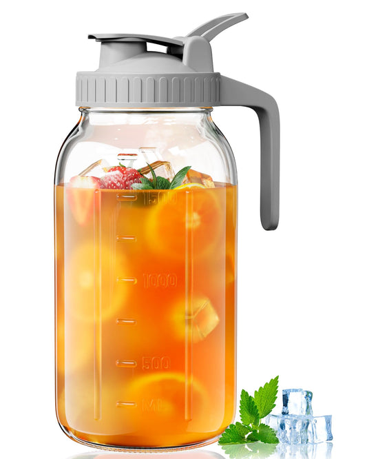OneDream Glass Pitcher with Lid – 64oz Glass Mason Jar Pitcher with Wide Mouth, Airtight Seal, Leak-Proof, Spout Design – Ideal for Iced Tea, Sun Tea, Cold Beverages, and Home Entertaining