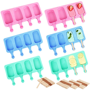 6 Set Small Silicone Popsicle Molds Ice Cream Mould 4 Cavity Ice Lolly Mold Oval Cake Pop Mould with 300 Pieces Wooden Sticks