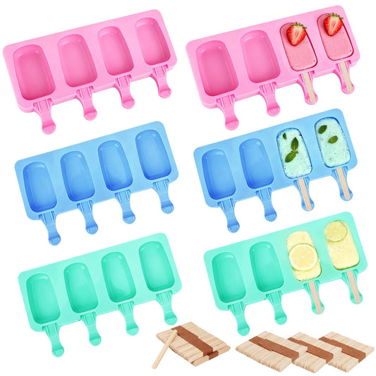 6 Set Small Silicone Popsicle Molds Ice Cream Mould 4 Cavity Ice Lolly Mold Oval Cake Pop Mould with 300 Pieces Wooden Sticks for DIY Cream Popsicle Cake, Pink Blue Green