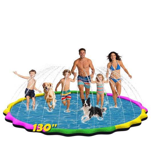 130” Extra Large Non-Slip Splash Pad for Kids & Dogs, 11FT Outdoor Water Sprinkler Pad, 0.5mm Thickened Tear-Resistant PVC, Kids Water Toy & Dog Pool for Backyard Family Fun