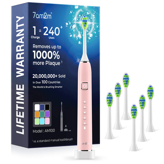 7AM2M Sonic Electric Toothbrush with 6 Brush Heads for Adults&Kids, One Charge for 120 Days, Wireless Fast Charge, 5 Modes, 40000VPM Powered Toothbrush, 2 Minutes Built in Smart Timer-Pink