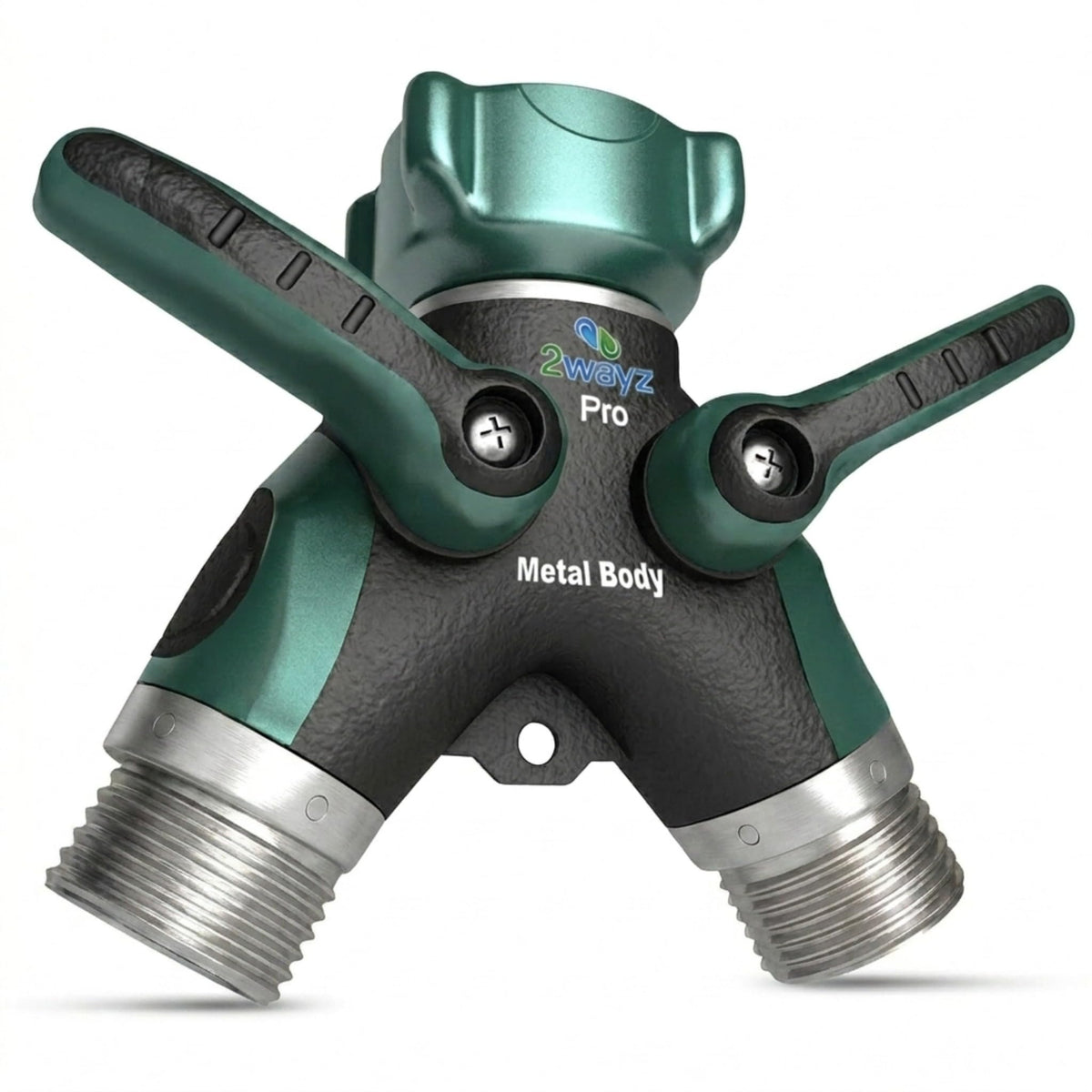 2WAYZ Hose Splitter 2 Way Heavy Duty Outdoor Faucet and Garden Connector - Water Spigot Splitter - Durable All-Metal Y Adapter with Shut-Off Valve - 4 x 4 x 1.5 Inches