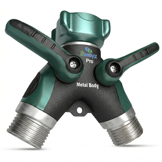 2WAYZ Hose Splitter 2 Way Heavy Duty Outdoor Faucet and Garden Connector - Water Spigot Splitter - Durable All-Metal Y Adapter with Shut-Off Valve - 4 x 4 x 1.5 Inches