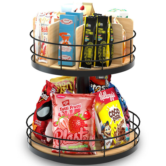 Snack Organizer - Versatile Snack Storage 2 Tier Lazy Susan with Convenient Grab-and-Go Design, Wood and Metal Snack Holder for Home, Office, Breakroom, 12.13" L x 12.13" W x 12.56" H