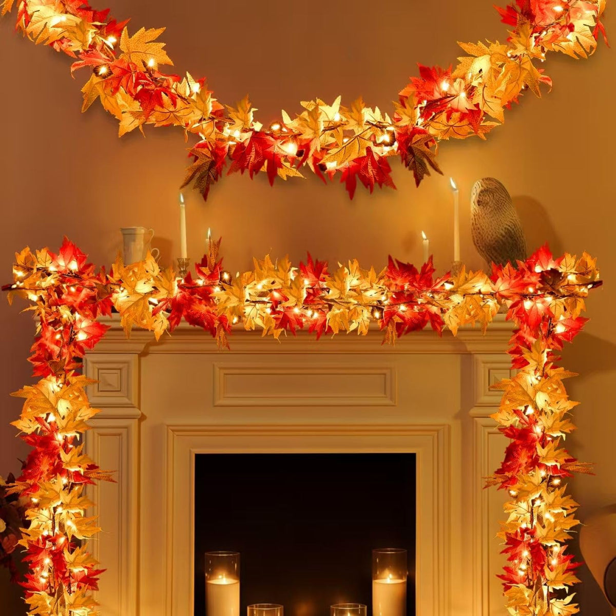 Fall Decorations for Home 9Ft Plug in Fall Garland with Lights Lush and Thicker Large Leaves, 50 Orange Bulbs Prelit Connectable UL Certified Fall