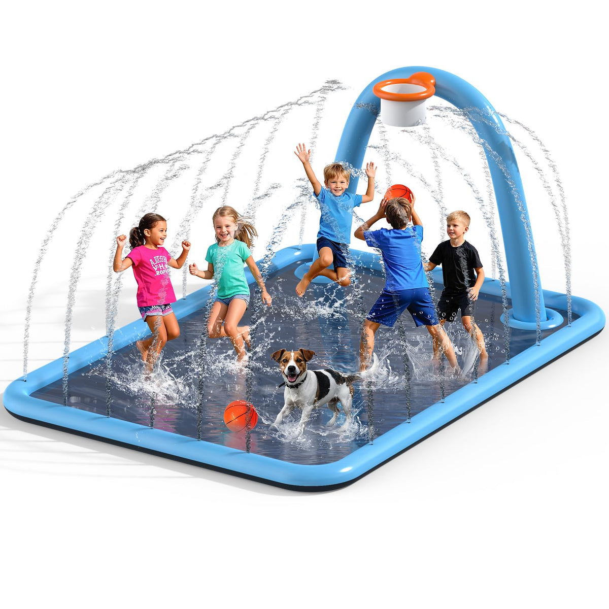 Splash Pad for Kids & Dogs, Large Sprinkler Pad Water Toys with Basketball Hoop, Thickened Non-Slip Splash Mat, Foldable Play Pool & Outdoor Summer Toys Ages 4-12 (102" Splash Pad)