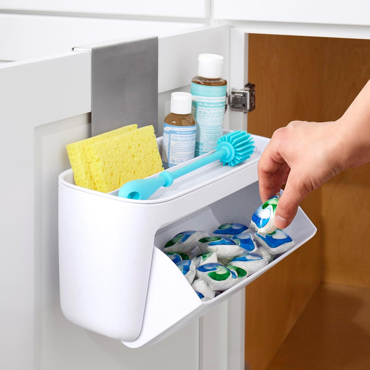 YouCopia DoorStash™ Dishwasher Pod Holder with Lid, Hanging Storage Container for Detergent, Speckled White