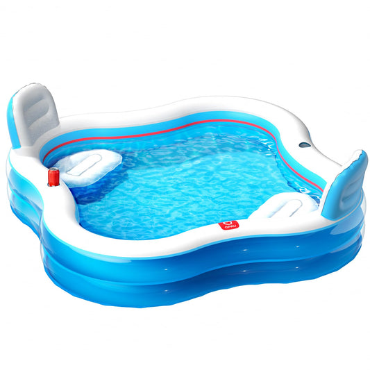 QPAU Inflatable Swimming Pool with 2 Seats and Backrests, 80" L x 80" W x 16.5" D Large Full-Sized Family Pools for Kids and Adults for Backyard, Garden, Outdoors, Clear Blue
