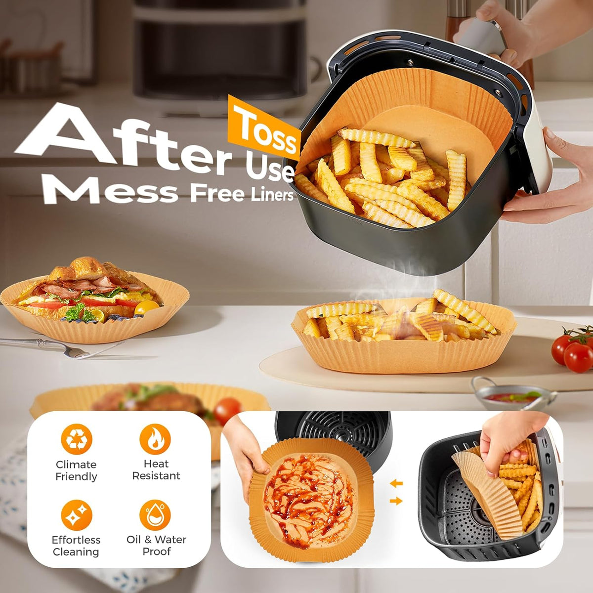Air Fryer Paper Liners, 125Pcs Parchment Paper, Air Fryer Liners Disposable for Microwave, Non-Stick Air Fryer Liner Square Free of Bleach (8IN)