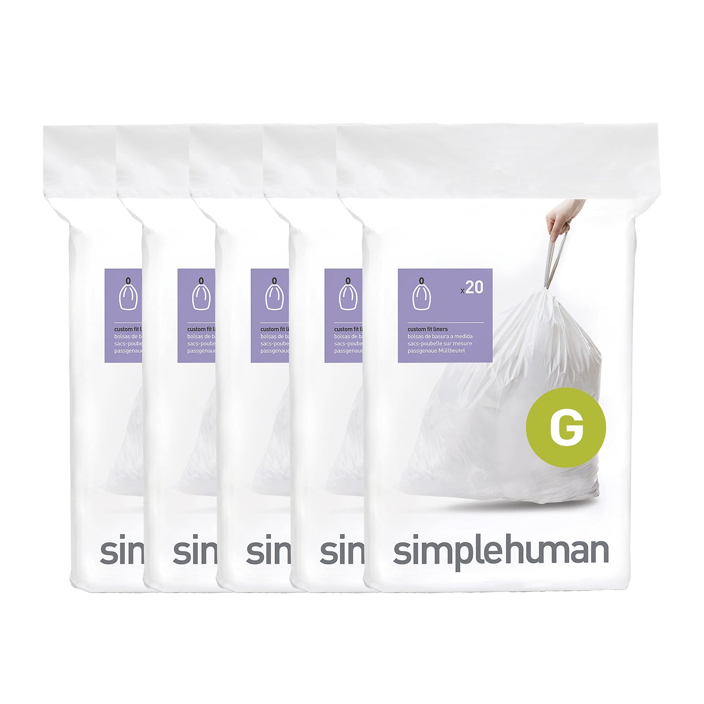 simplehuman Code G 100 Count Custom Fit Liners, Drawstring Kitchen Trash Bags, One-by-One Mess-Free Dispense, Extra Thick & Double Seamed, 50% PCR Plastic, 30 Liter / 8 Gallon, White