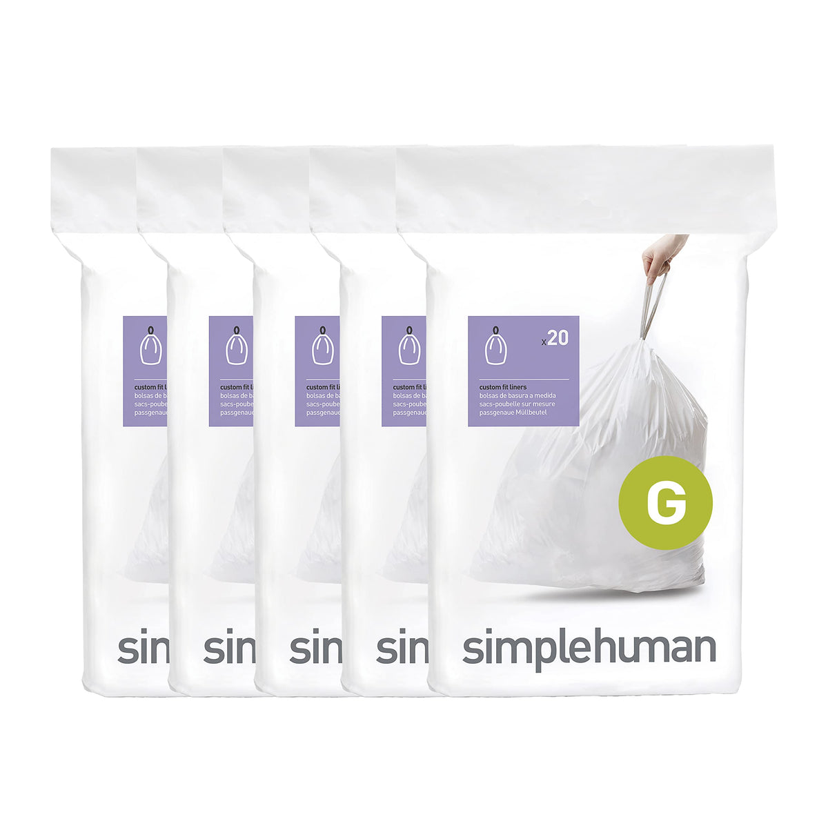 simplehuman Code G 100 Count Custom Fit Liners, Drawstring Kitchen Trash Bags, One-by-One Mess-Free Dispense, Extra Thick & Double Seamed, 50% PCR Plastic, 30 Liter / 8 Gallon, White