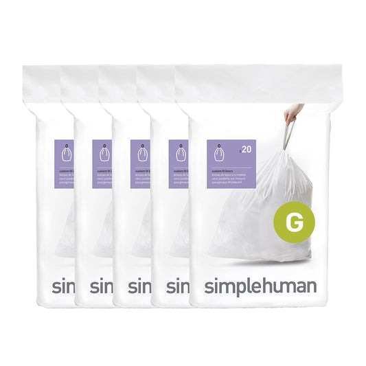 simplehuman Code G 100 Count Custom Fit Liners, Drawstring Kitchen Trash Bags, One-by-One Mess-Free Dispense, Extra Thick & Double Seamed, 50% PCR Plastic, 30 Liter / 8 Gallon, White