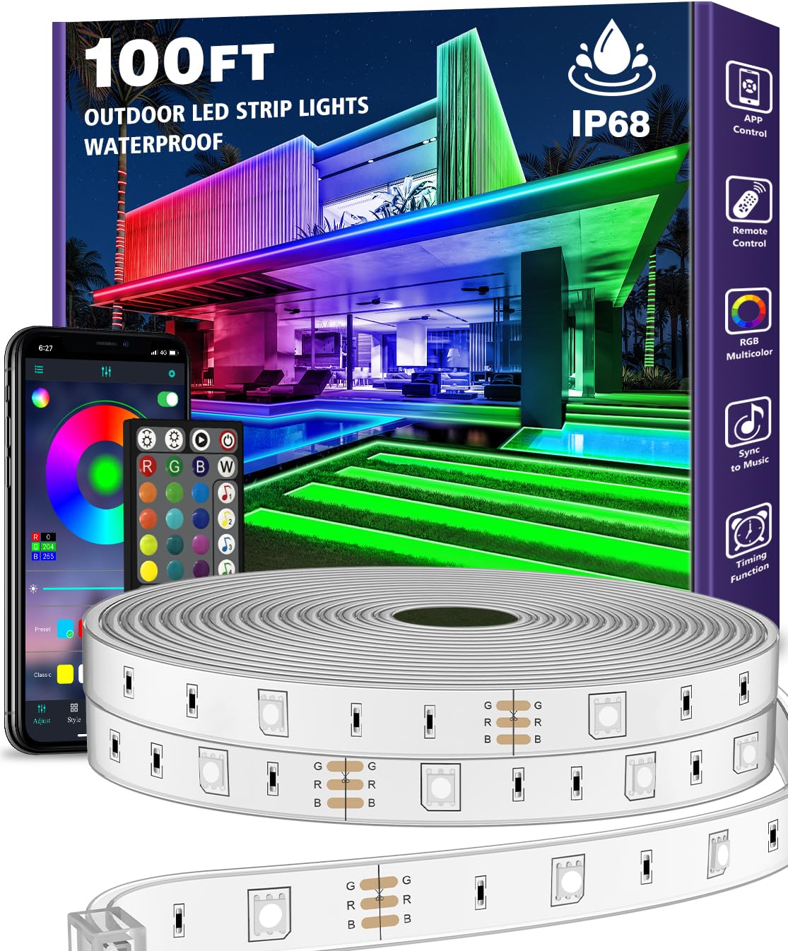 AILBTON 100ft Outdoor LED Strip Lights Waterproof,IP68 Outside Led Light Strips Waterproof with Bluetooth App Remote Control,Music Sync RGB Exterior