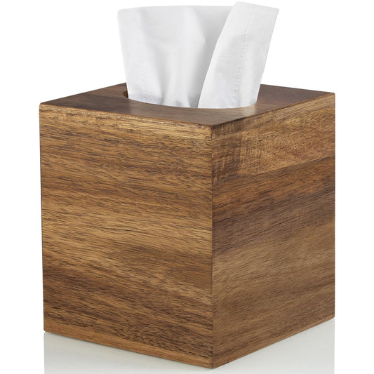 ALELION Tissue Box Cover Square - Acacia Wood Tissue Box Holder for Tabletop Night Stands Bathroom Office - Decorative Facial Cube Tissue Box Cover for Modern Farmhouse Decor