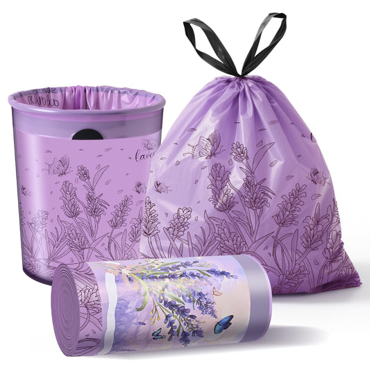 Lavender Scented Small Garbage Bags,Trash Bags 4 gallon Drawstring For Bathroom,Office,Bedroom,Car,Suitable for 2-4 gallon trash can,colorful Print,purple,50 Counts