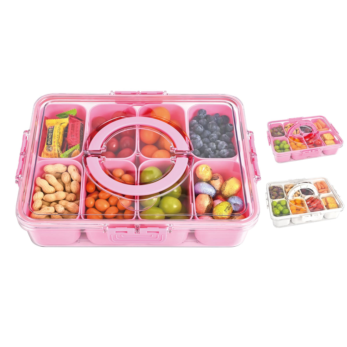 Snackle Box Container, 8 Compartment Divided Serving Tray with Lid and Handle, Snack Box Container for Candy, Fruit and Snacks, Great for Gatherings, Outings, Parties and Entertaining（Pink）