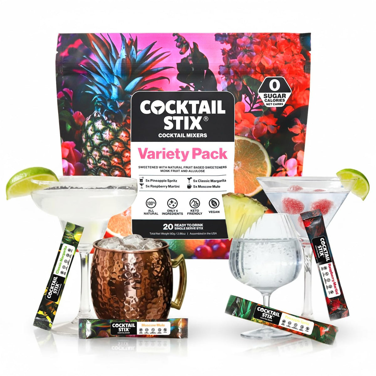 Cocktail Stix Zero Sugar Variety Pack - Cocktail & Mocktail Drink Mixer - Skinny Mixes - Water Flavoring Packets - Vegan - No Calories, No Carbs, No Sugar - Non-GMO - 20 Pack