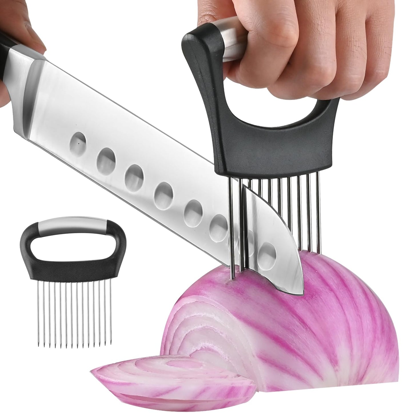 【2 PCS】Onion Holder for Slicing - Stainless Steel Vegetable & Fruit Cutter Chopper for Onions, Tomatoes, Avocados, Potatoes, Eggs, Meat & Lemon - Kitchen Slicer Assistant with Neat Guide & Tenderizer.