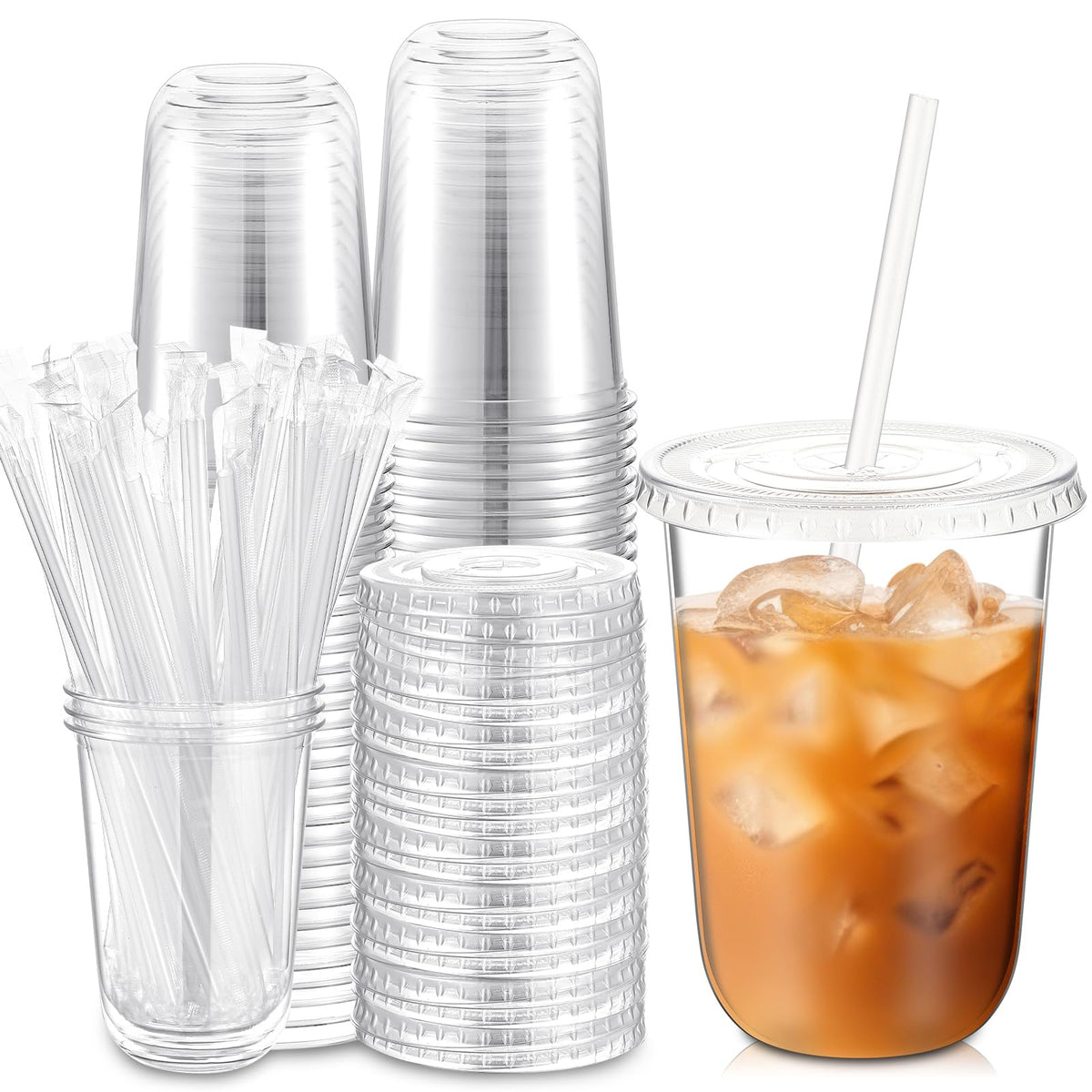 Ziliny 50 Sets Clear Plastic Cups with Lids and Straws, Disposable Iced Coffee Cups Drinking PET for Cold Drinks, Juice, Smoothie, Coffee Shops, Party, Christmas (16 oz,Clear)