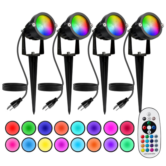 Halloween Christmas Spotlight Outdoor: 12W RGBW LED Spot Lights Outdoor with 16 Color Changing for Yard Garden Decor | 4 Pack of IP65 Waterproof 120V