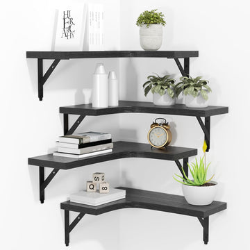 ROMGUAR CRAFT Corner Floating Shelves Wall Mounted Set of 4, Rustic Wood Storage Display Wall Shelves for Home Decor, Bathroom, Kitchen, Bedroom