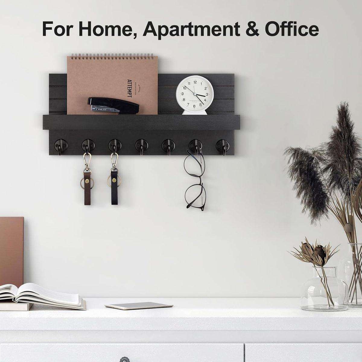Key Holder Wall Mount, Entryway Key and Mail Holder with 7 Sturdy Hooks for Sunglasses, Dog Leash, Decorative Wall Shelf with Mounting Hardware, 15”W x 6.7”H x 4.2”D
