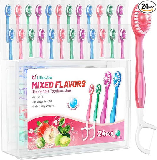 24 Pack 5-in-1 Disposable Toothbrushes with Toothpaste, Floss, Pick & Tongue Scraper, Portable Mini Toothbrush Travel Set for Kids Adults, Individually Wrapped, Work Camping, Mixed Flavor