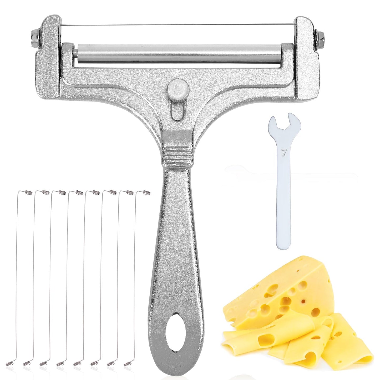 Stainless Steel Wire Cheese Slicer, Handheld Cheese Cutter with 8 Replacement Wires & Wrench Food Slicer for Block Butter Cutter Tools