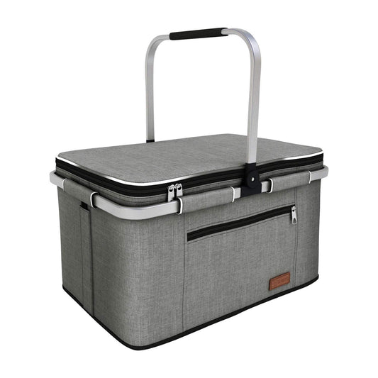 LIQING 35L Large Picnic Basket 2 Layers of Internal Pockets Leak-Proof and Insulated ，Folding with Internal Support for enhansed Stability, Wedding Gifts for Couple(Grey)