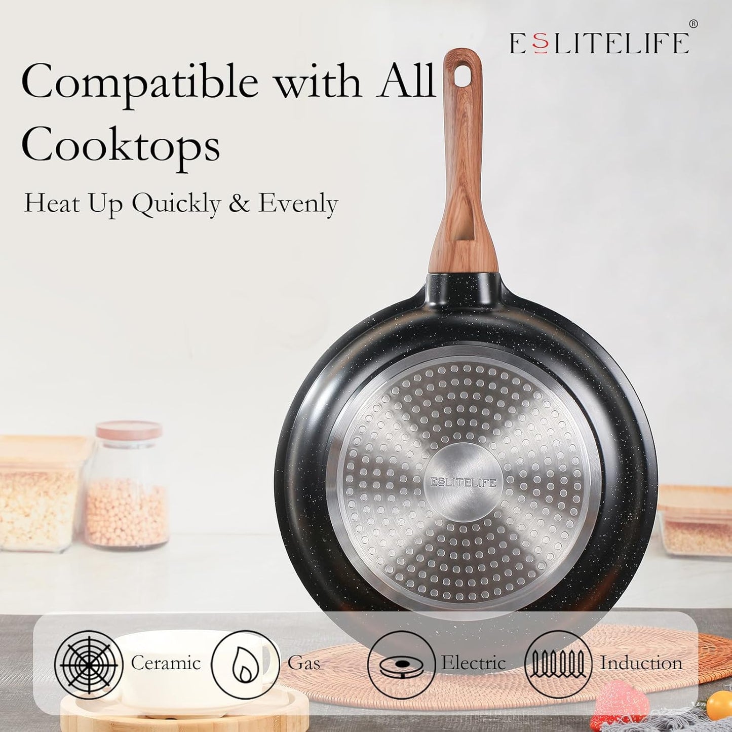 ESLITE LIFE Nonstick Ceramic Frying Pan Skillet, Non-Toxic Egg Omelette Kitchen Cooking Pans Compatible with All Stovetops (Gas, Electric & Induction), PTFE & PFOA Free (Black, 8'')