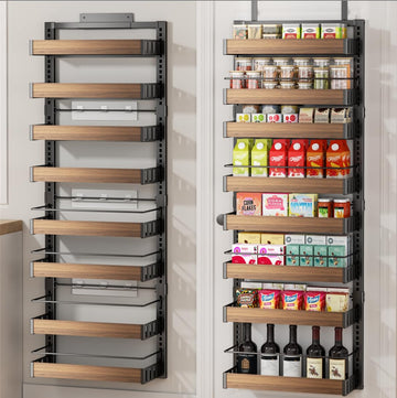 8 Tier Over The Door Pantry Organizer, 2 IN 1 Wall Mount or Hanging Spice Rack Seasoning Shelves with Adjustable Basket