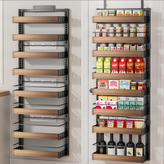 8 Tier Over The Door Pantry Organizer, 2 IN 1 Wall Mount or Hanging Spice Rack Seasoning Shelves with Adjustable Basket