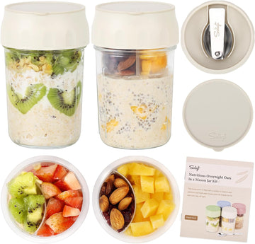SOLIGT 2 Pack Overnight Oats Containers with Lids, Folding Spoons and Divided Compartments for Fruit & Nuts, Small Glass 16oz Mason Jars