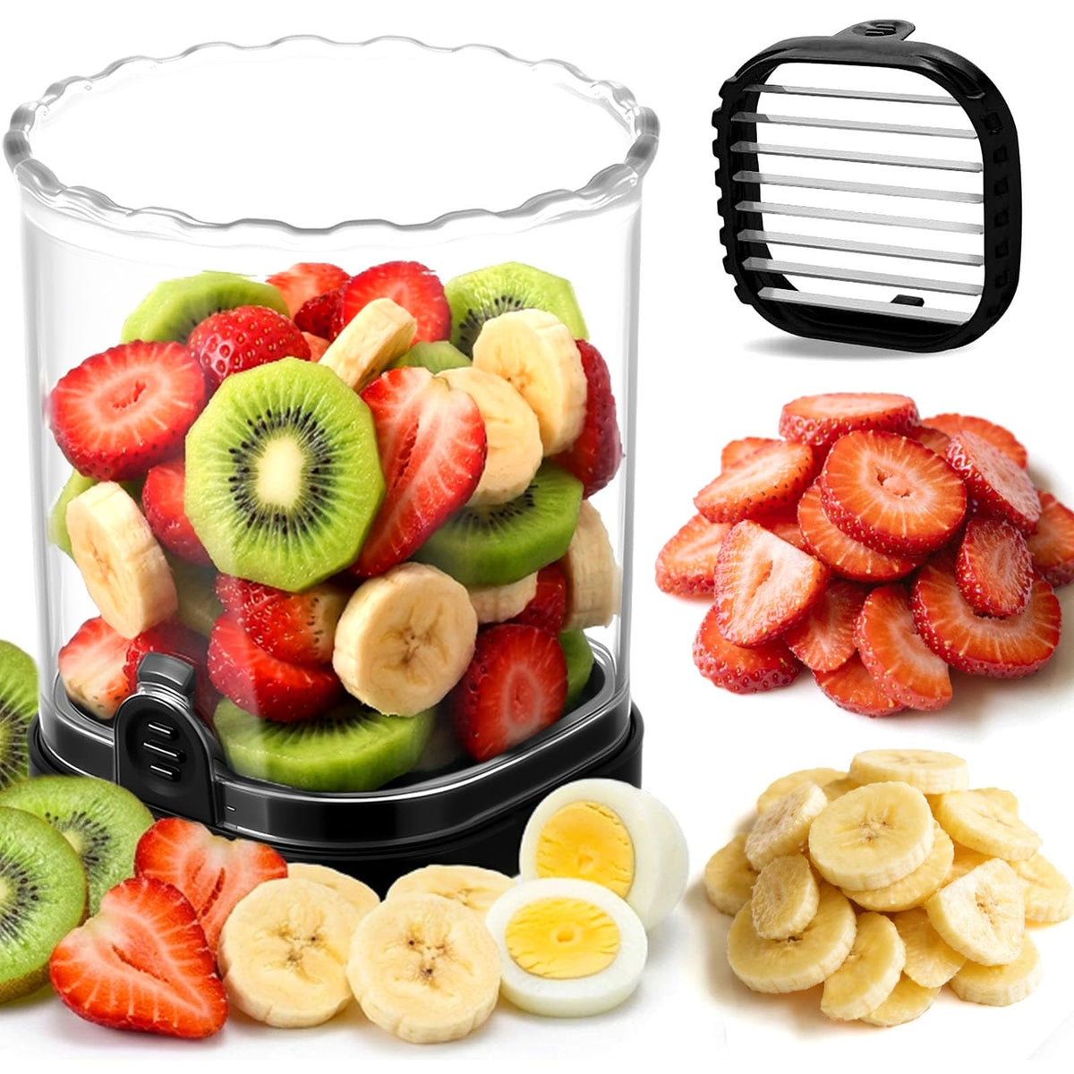 Hendiy Strawberry Slicer with Stainless Steel Blades | Egg & Fruit Slicer Cup for Banana, Cucumber, Mushroom | ABS Detachable Kitchen Gadget - Precision Berry Cutter Tool (Black, 1-Pack)
