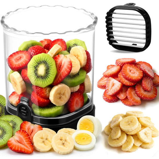 Hendiy Strawberry Slicer with Stainless Steel Blades | Egg & Fruit Slicer Cup for Banana, Cucumber, Mushroom | ABS Detachable Kitchen Gadget - Precision Berry Cutter Tool (Black, 1-Pack)