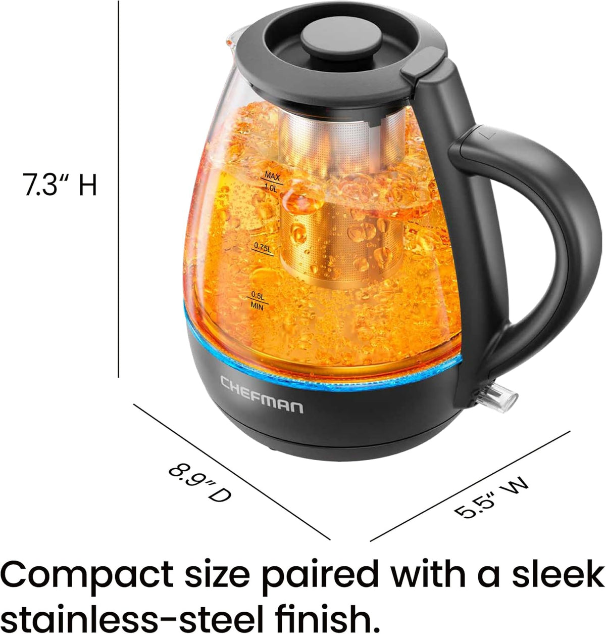 Chefman Electric Kettle with Tea Infuser, Compact 1L (4 Cups), 1500W, Removable Lid for Easy Cleaning, Boil-Dry Protection, Stainless Steel Filter