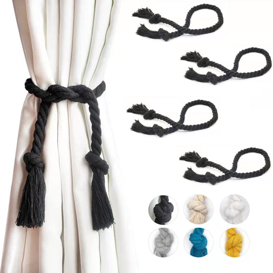 4 Pack Curtain Ties, Outdoor Curtain Tiebacks Rope for Patio Gazebo Pergola Cabana, Natural Cotton Curtain Holders, Village Rural Rustic Farmhouse Curtain Holdbacks for Drapery, Black