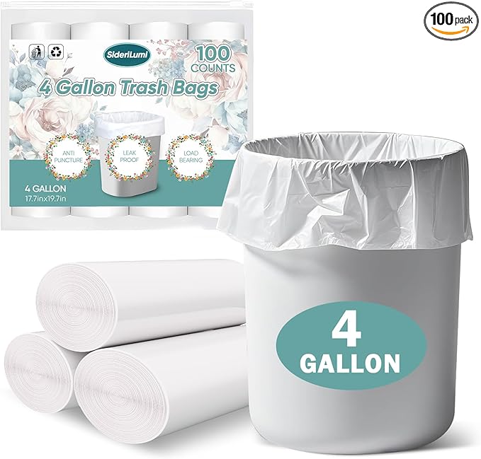 Small Trash Bags 4 Gallon - 100 Count Leakage-Proof 4 Gallon Trash Bag, Unscented Small Garbage Bags for Office Bedroom Bathroom Mini Trash Bags, White 4 Gal Trash Can Liners
