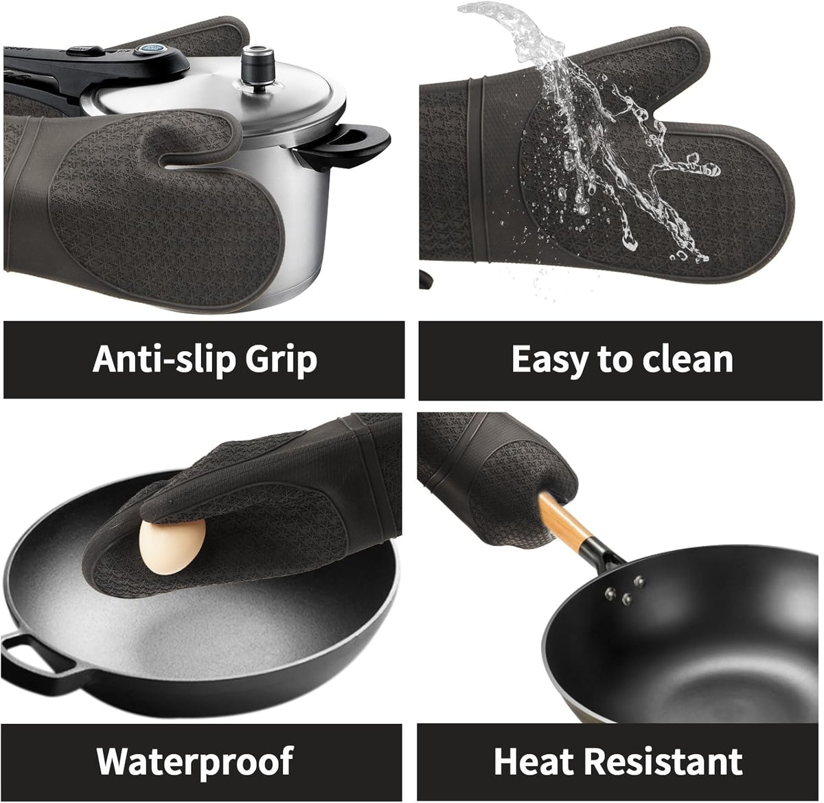 Hovico Silicone Oven Mitts, Heat Resistant 500F Kitchen Mitts 2PCS, 11.6" BPA-Free Soft Baking Gloves, Non-Slip Grip Oven Gloves with Soft Cotton Lining for Kitchen Cooking Baking BBQ - Black