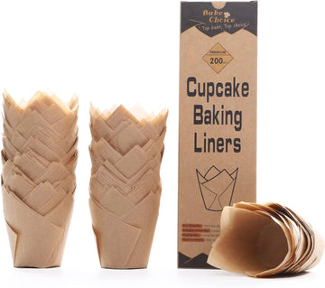 Bake Choice 200pcs Natural Tulip Cupcake Liners for Baking Cups Unbleached European Parchment paper Tulip Muffin Liners, Cupcake Wrapper for Party