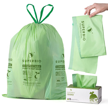 SUPERBIO 13 Gallon Compostable Drawstring Kitchen Waste Bag, 49.2 Liter, 30 Count,1 Mil, Heavy Duty Food Scrap Bags, Bpi