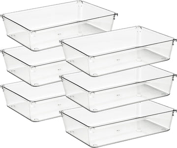 Ravinte 6 Pack Drawer Organizer - 6" X 9" Plastic Storage Bins, Acrylic Organizers with Non-Slip Pads Clear Desk Storage Tray for Makeup, Jewelries