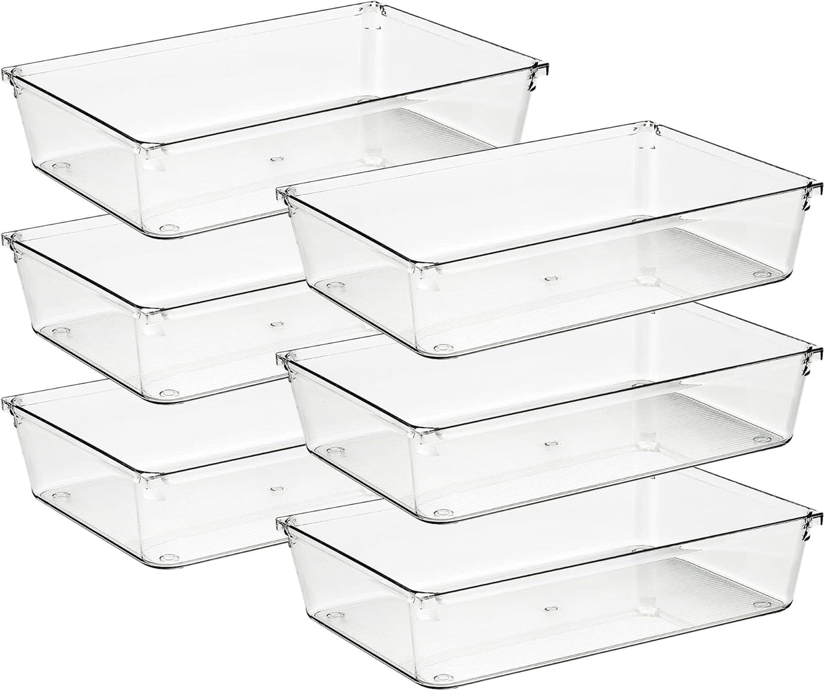 Ravinte 6 Pack Drawer Organizer - 6" X 9" Plastic Storage Bins, Acrylic Organizers with Non-Slip Pads Clear Desk Storage Tray for Makeup, Jewelries