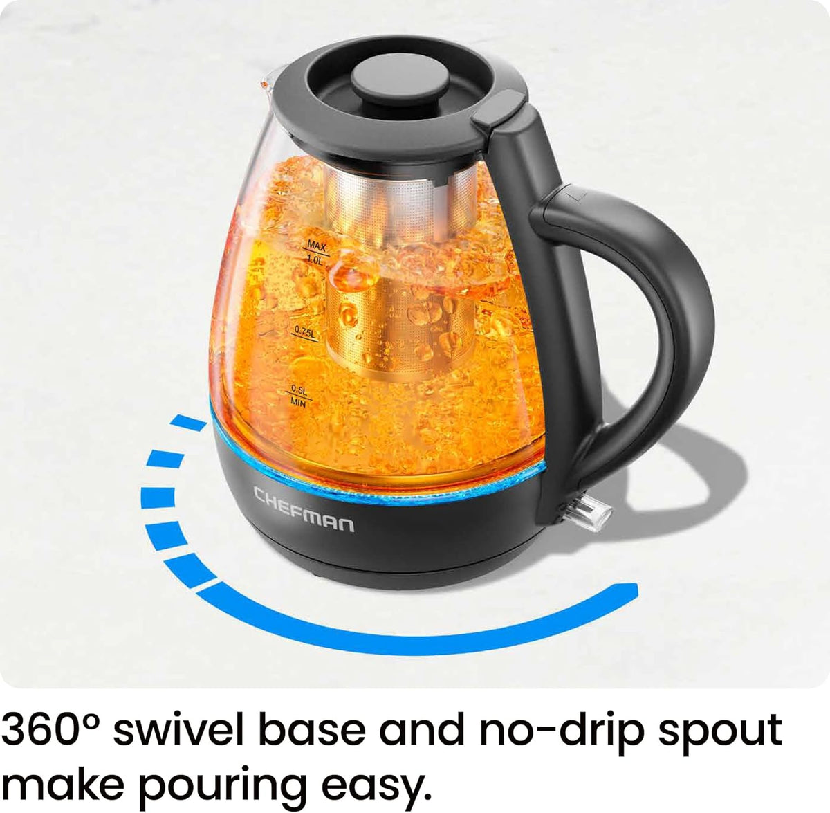 Chefman Electric Kettle with Tea Infuser, Compact 1L (4 Cups), 1500W, Removable Lid for Easy Cleaning, Boil-Dry Protection, Stainless Steel Filter