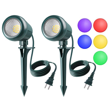 Halloween Spotlights Outdoor, 120V Plug-in Christmas Spot Light, 5000K LED Landscape Lighting with 5 Color Lenses (Red Green Blue Purple Yellow)