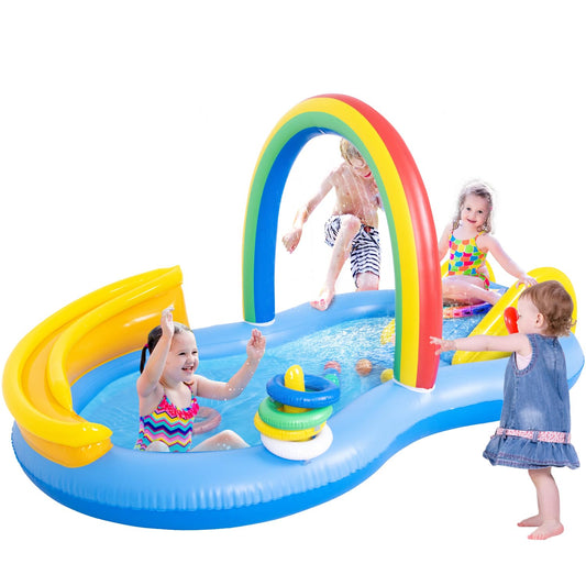 Inflatable Swimming Pool with Water Slide, Inflatable Play Center with Spray Water, Toss Ring, Ball for Outdoor Backyard Garden Water Park