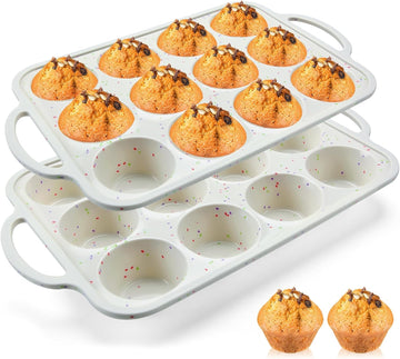 2Pack Silicone Muffin Pan for Baking with Metal Reinforced Frame, 12 Cup Regular Size Cupcake Pan, BPA Free Silicone Muffin Tray